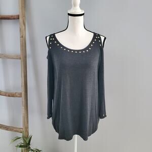 Belldini Gray Gold Shoulder Long Sleeve Studded Top XL